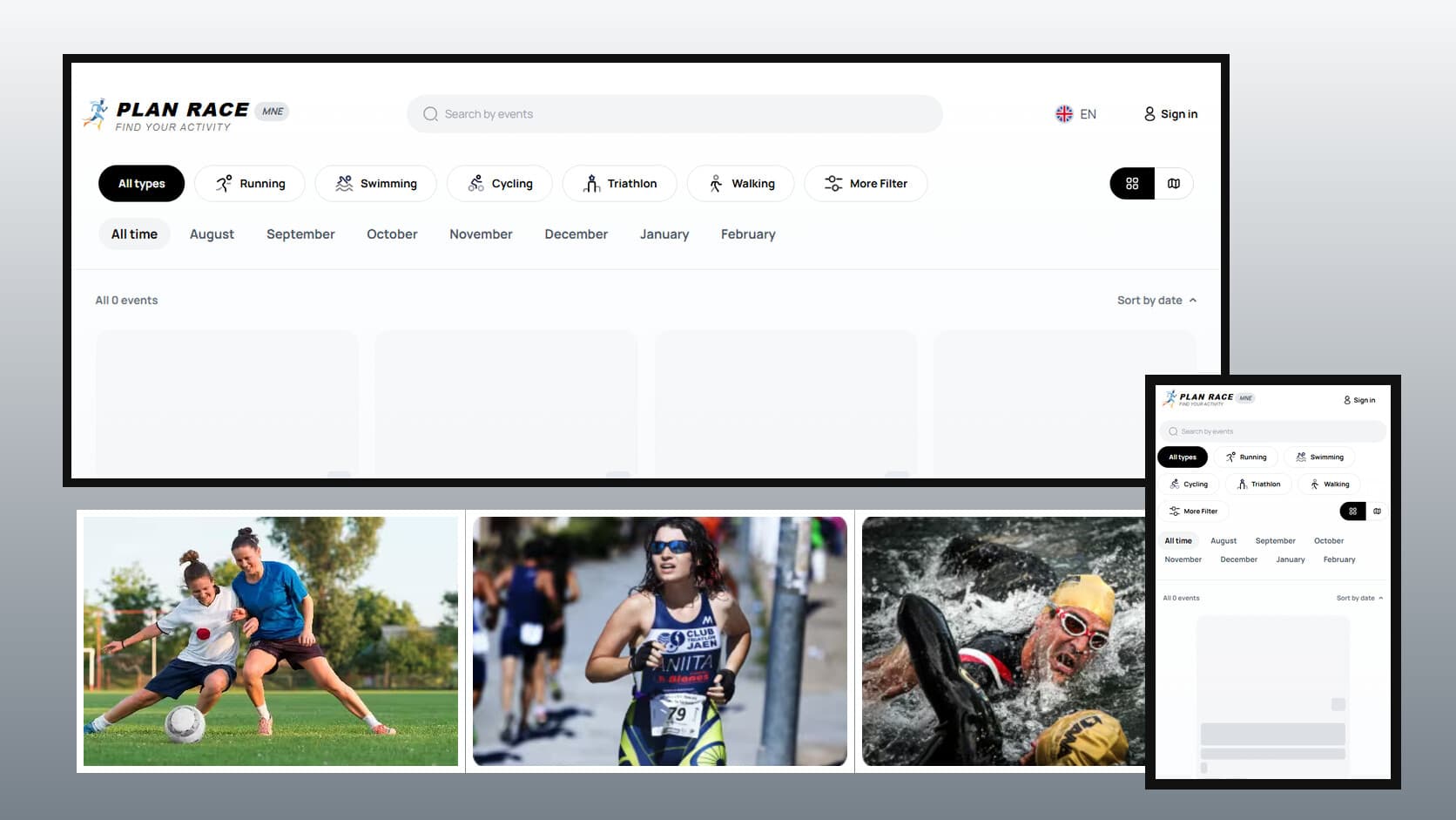 PlanRace interface with real project sports images